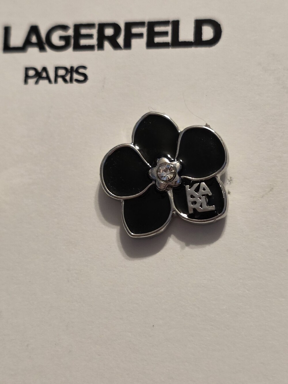 Karl Lagerfield Faux Black Flower Onyx Stud, Silver Earrings - Picture 4 of 5
